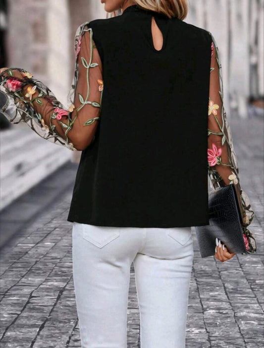 Mesh Flounce Sleeve Mock Neck Blouse