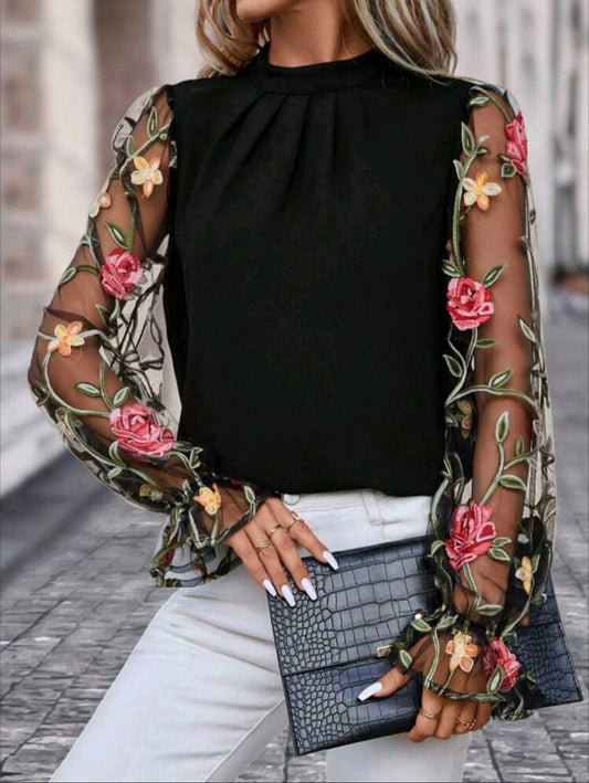Mesh Flounce Sleeve Mock Neck Blouse