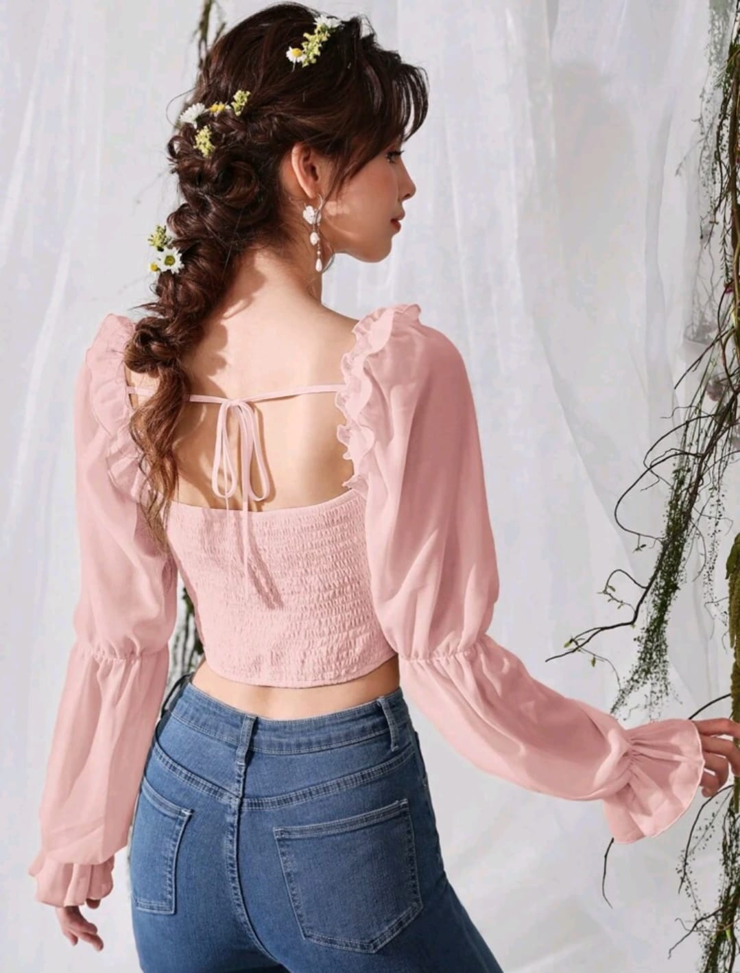 Flounce Sleeve Tie Backless Crop Blouse