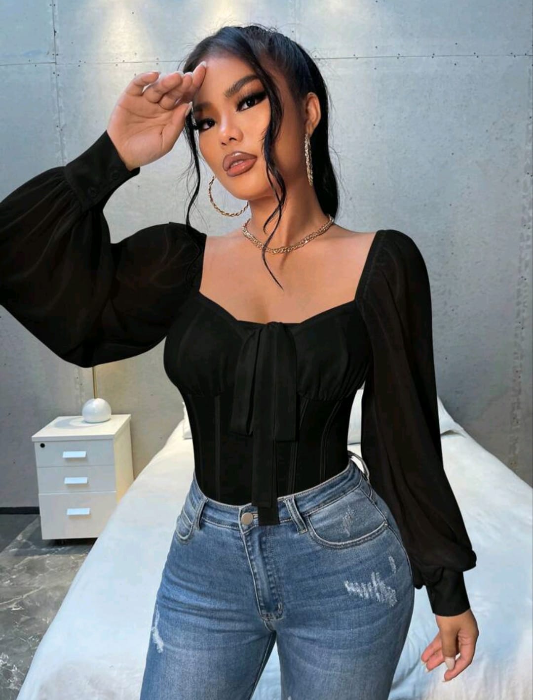 Neck Lantern Sleeve Blouse