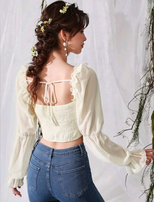 Neck Ruffle Trim Blouse (BEiGE)