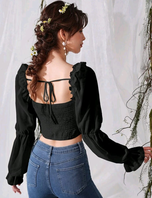 Neck Ruffle Trim Crop Blouse