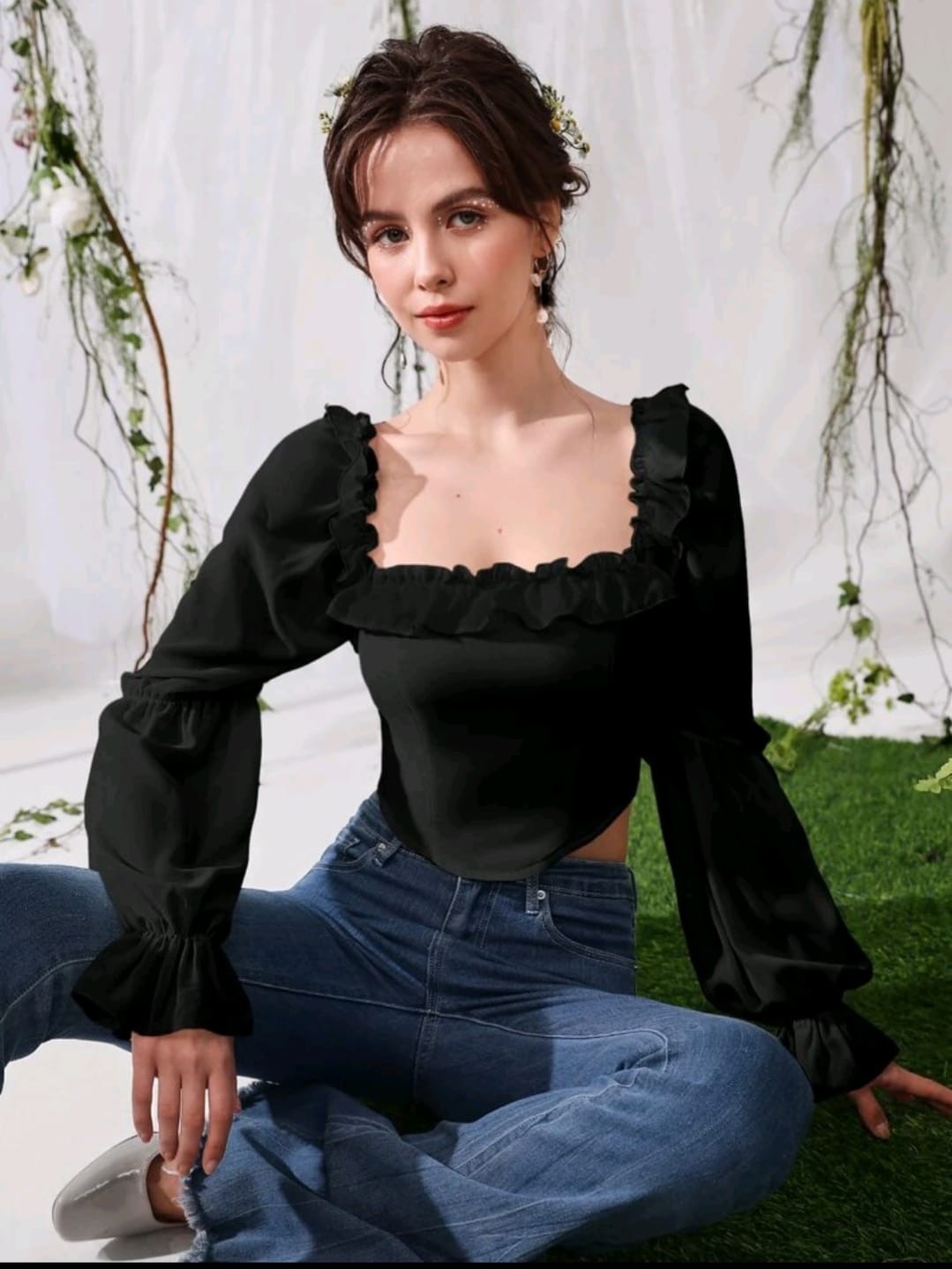 Neck Ruffle Trim Crop Blouse