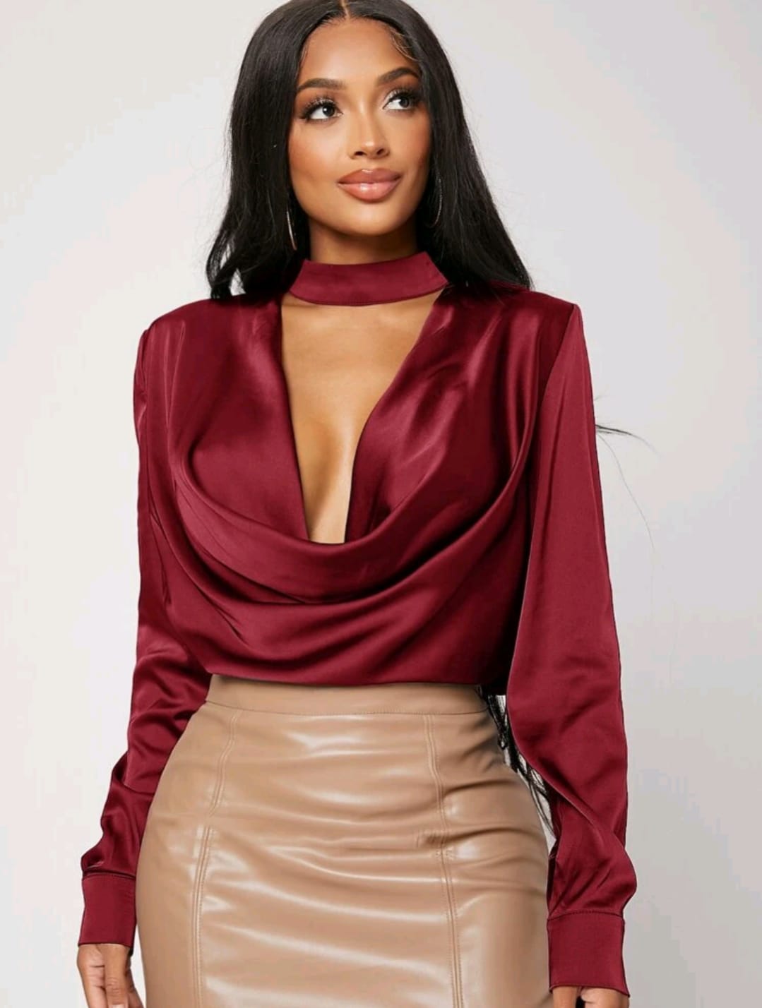 Solid Neck Cut Out Satin Blouse