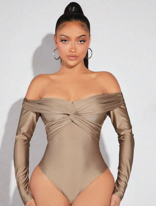 Off Shoulder Twist Front Solid Bodysuit