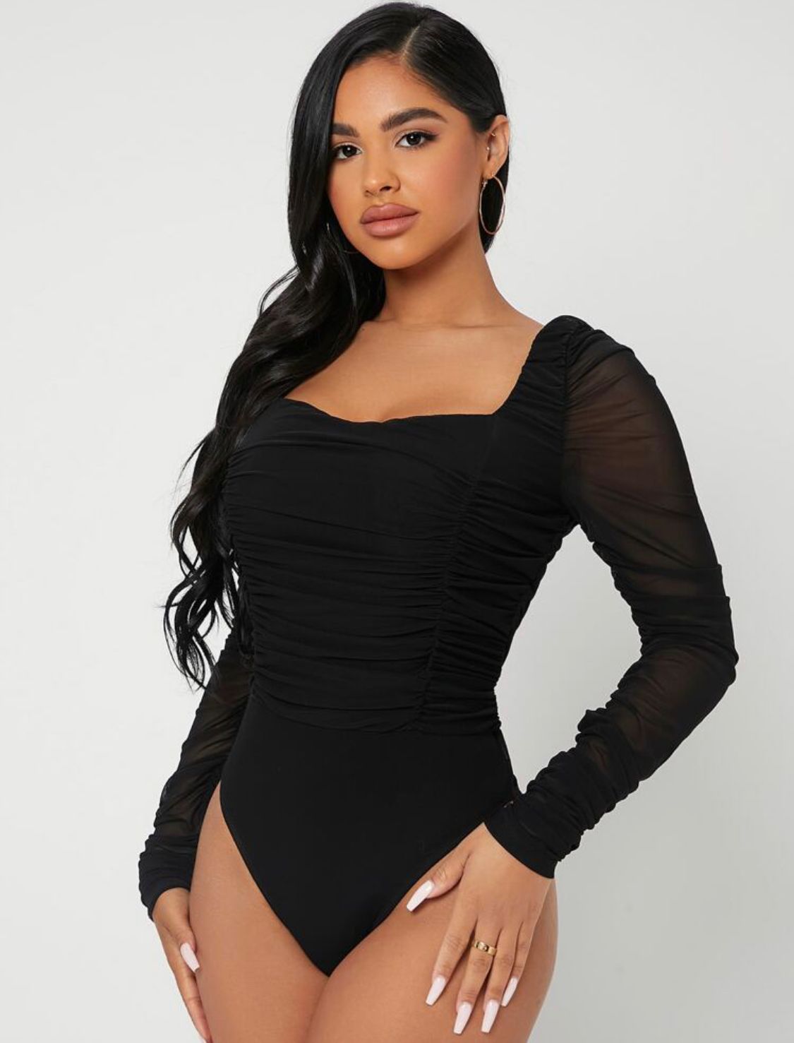 Mesh Panel Ruched Bodysuit