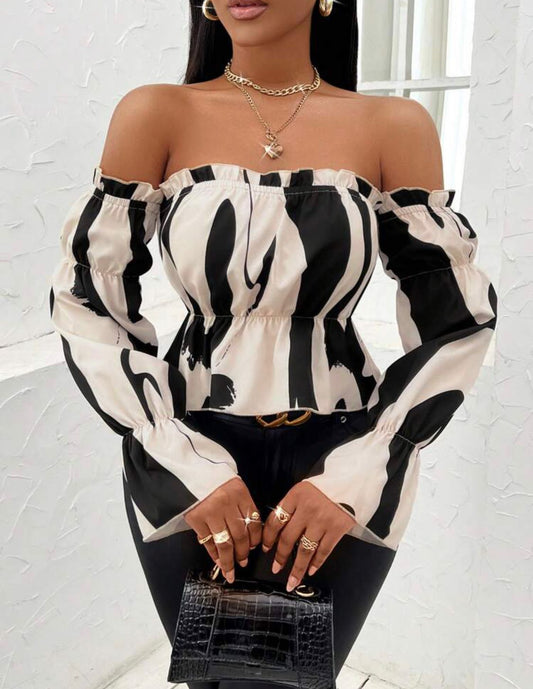 Colorblock Off Shoulder Flounce Sleeve Peplum Blouse