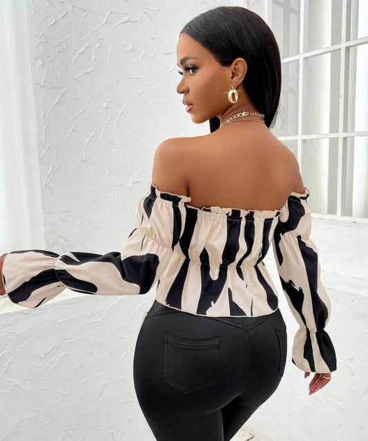 Colorblock Off Shoulder Flounce Sleeve Peplum Blouse