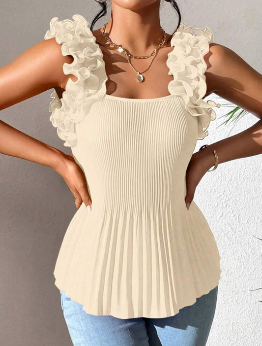 Solid Ruffle Trim Pleated Hem Blouse