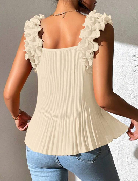 Solid Ruffle Trim Pleated Hem Blouse