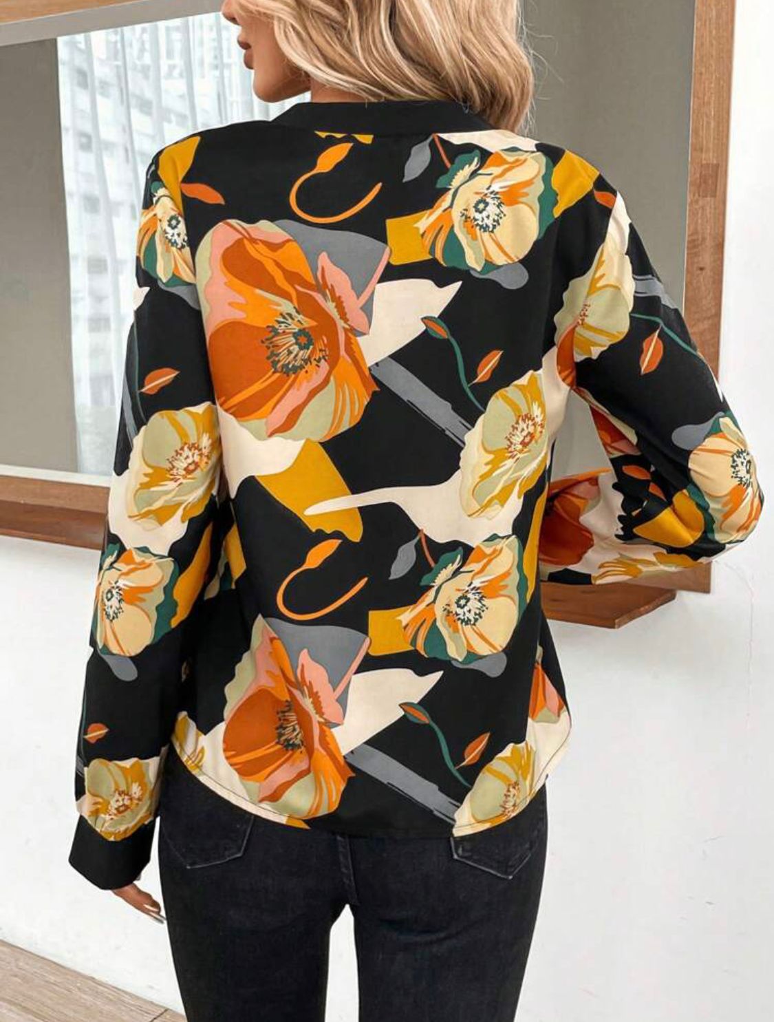 Floral Print Notched Neckline Contrast Trim Blouse
