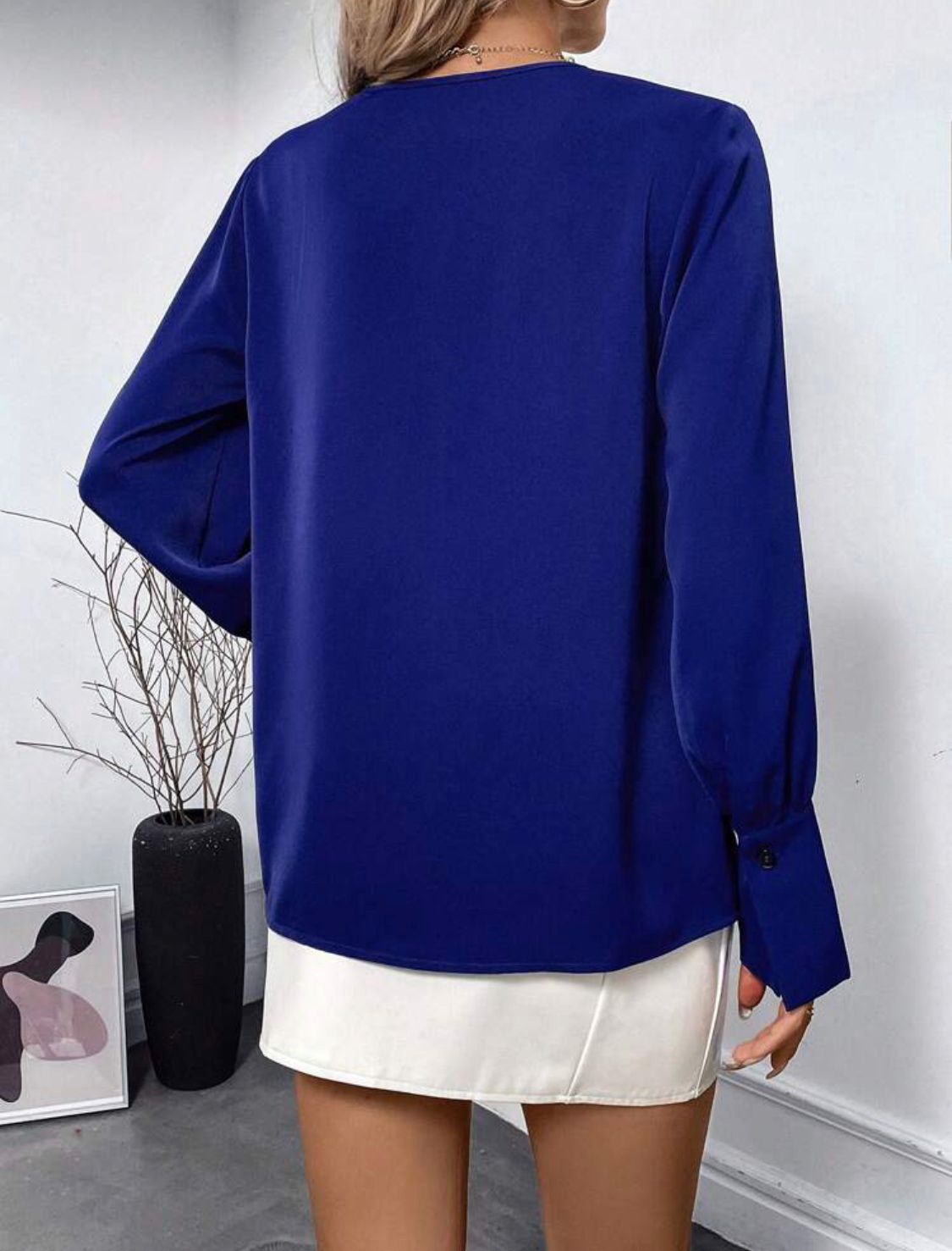 Solid V Neck Bishop Sleeve Blouse