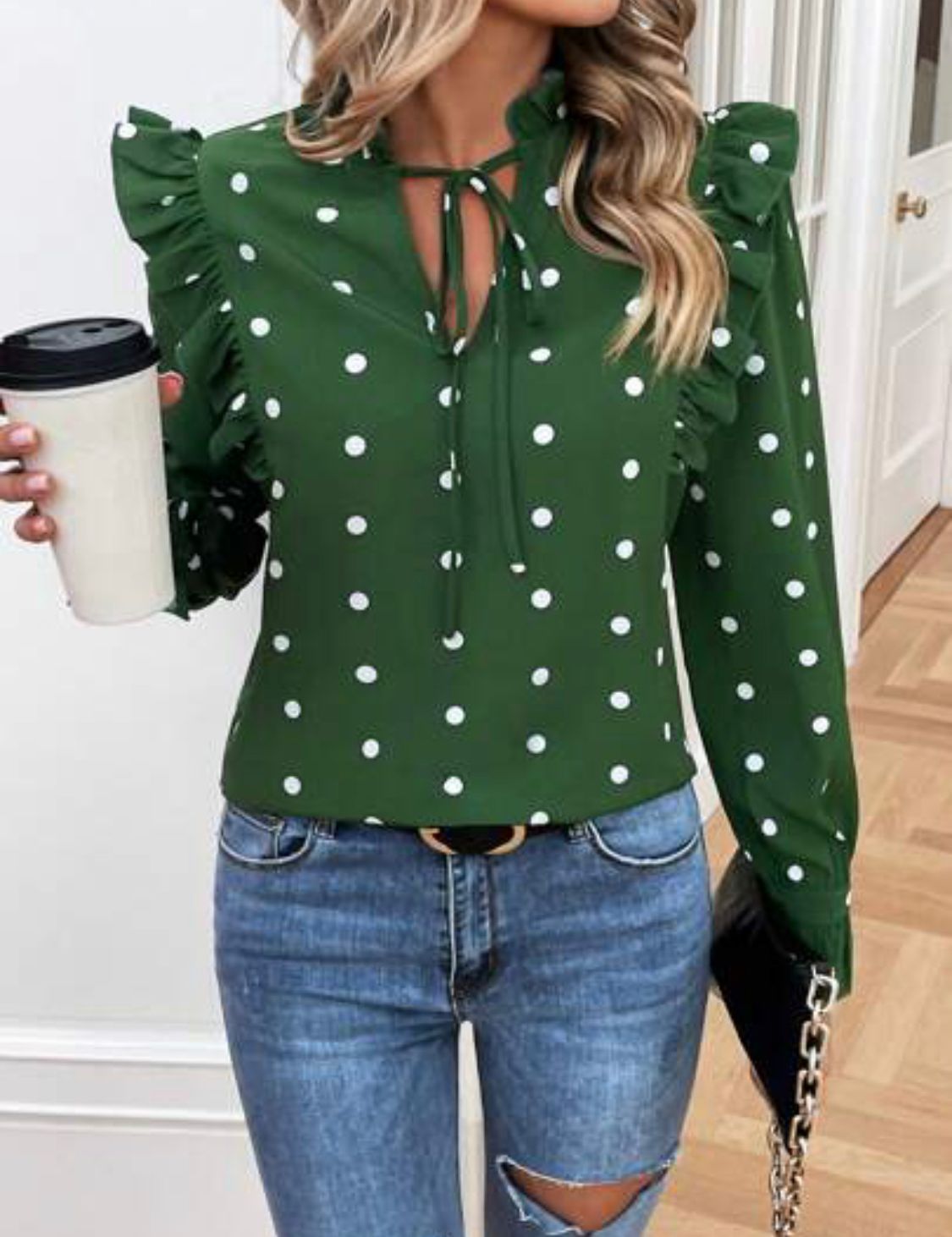 Polka Dot Print Tie Neck Ruffle Trim Blouse