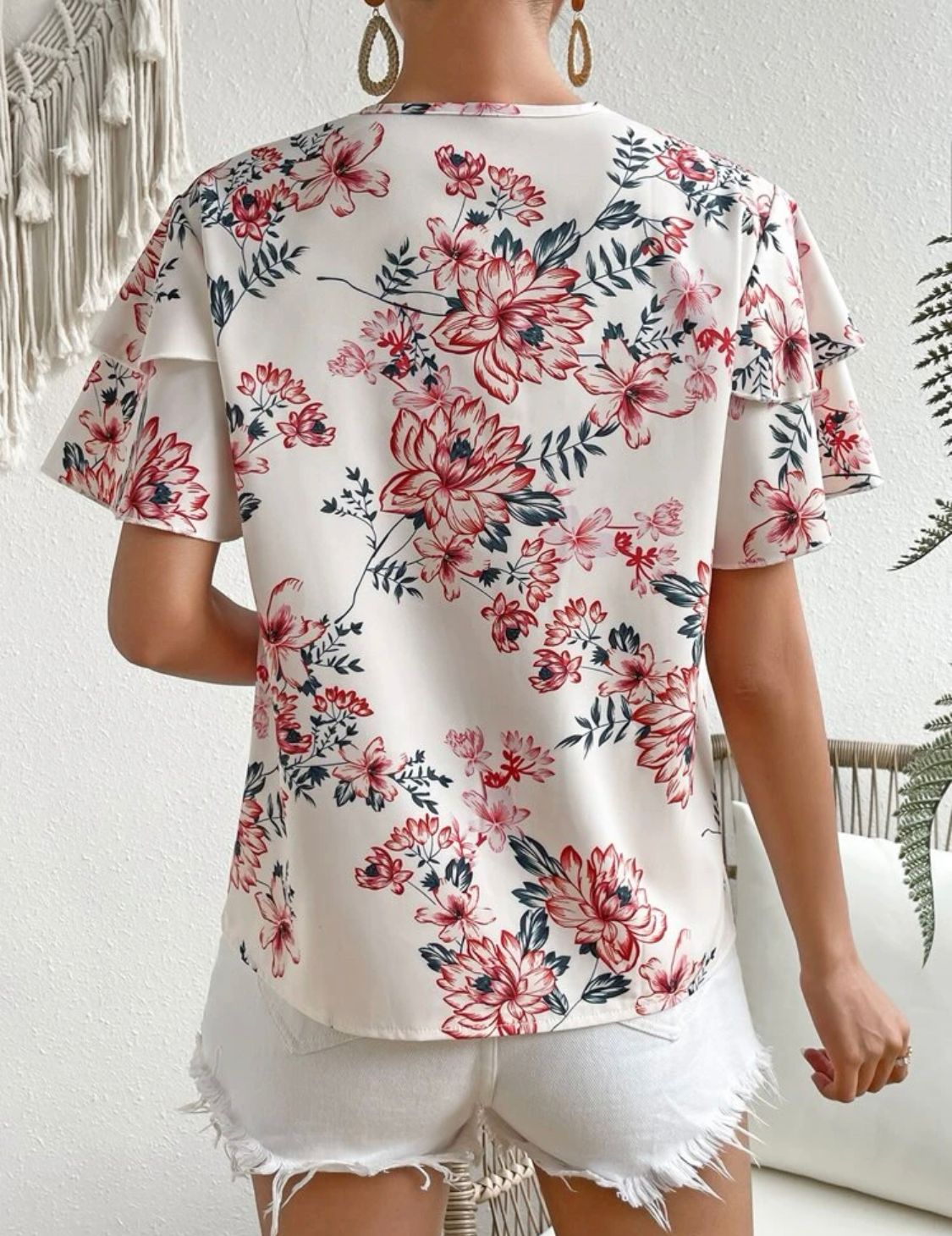 Floral Print Guipure Lace Insert Butterfly Sleeve Blouse