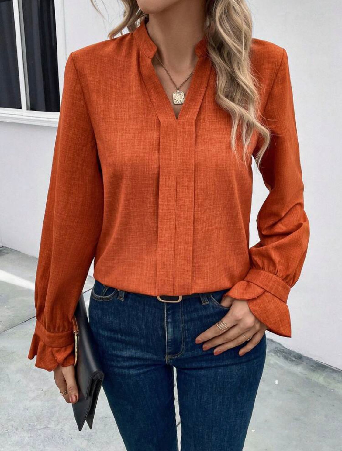 Notched Neck Flounce Sleeve Blouse