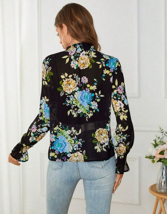 Floral Print Flounce Sleeve Mock Neck Blouse