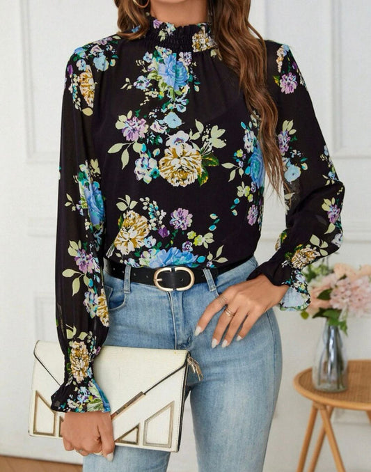 Floral Print Flounce Sleeve Mock Neck Blouse
