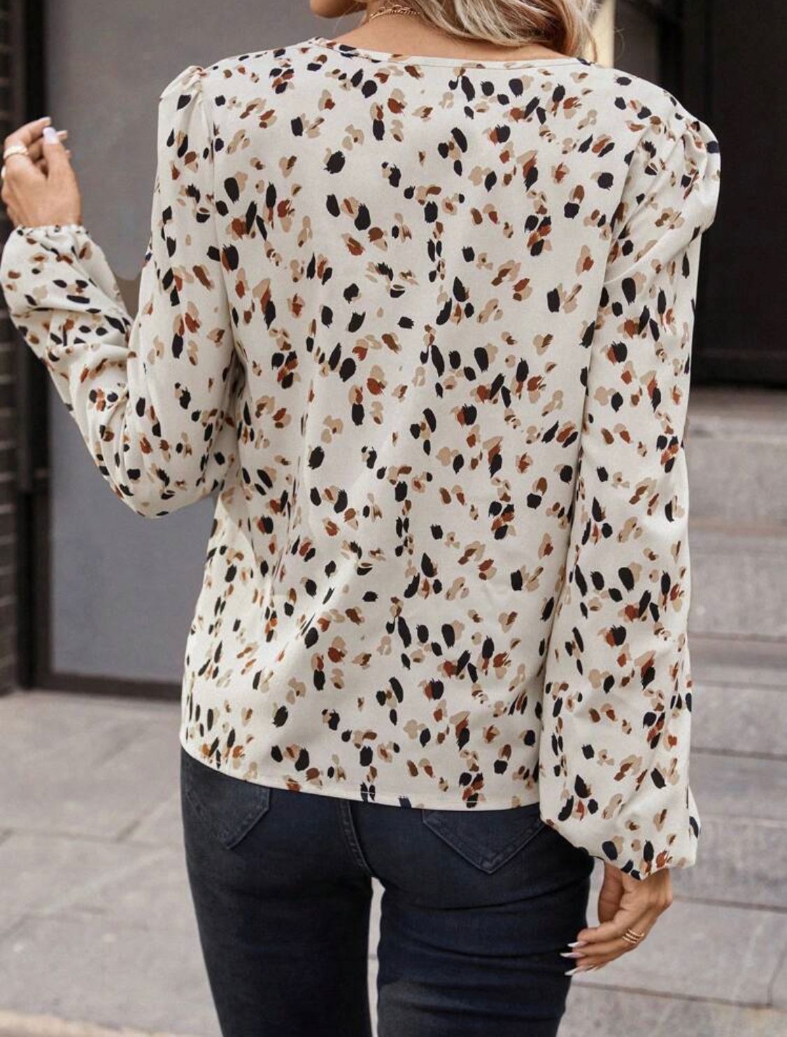 Notched Neckline Lantern Sleeve Blouse