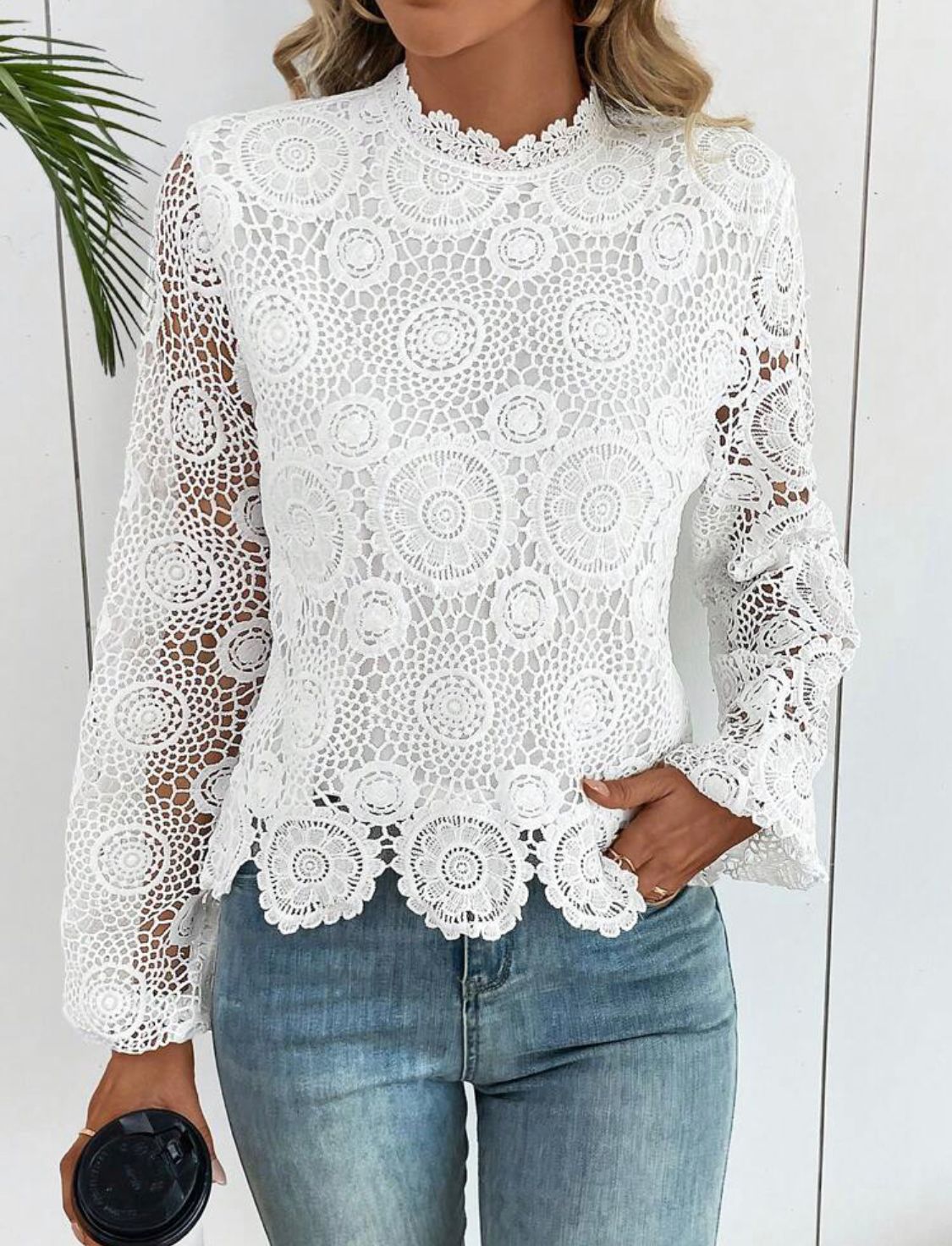 Guipure Lace Insert Lantern Sleeve Blouse