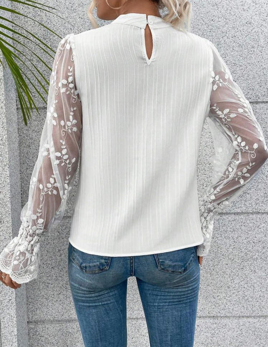 Lace Flare Sleeve Mock Neck Blouse