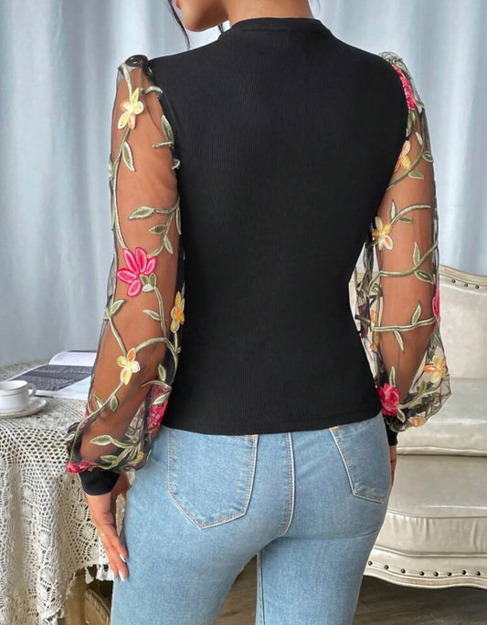 Floral Embroidery Mesh Lantern Sleeve Keyhole Neck Top