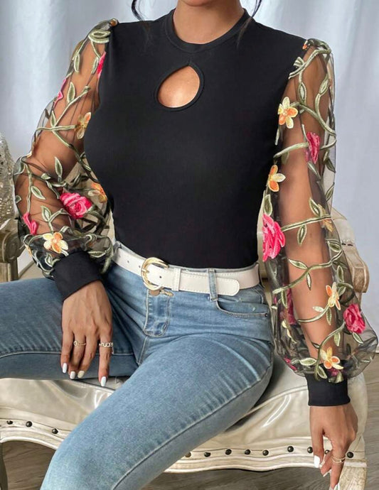 Floral Embroidery Mesh Lantern Sleeve Keyhole Neck Top