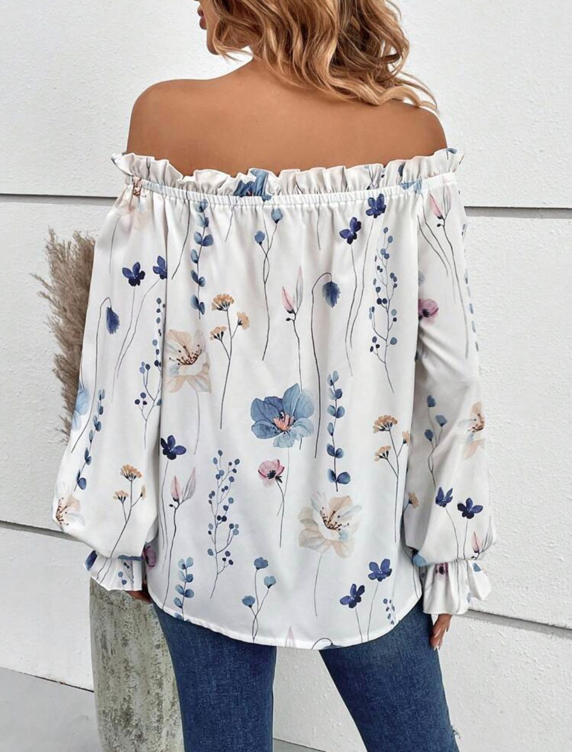 Floral Print Off Shoulder Flare Sleeve Frill Trim Tie Front Blouse