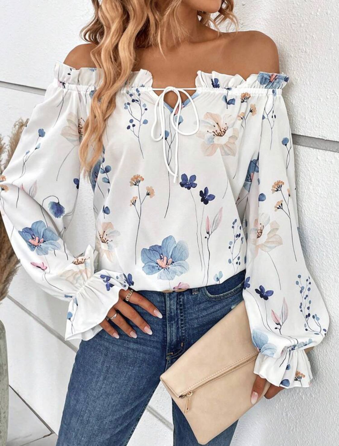 Floral Print Off Shoulder Flare Sleeve Frill Trim Tie Front Blouse