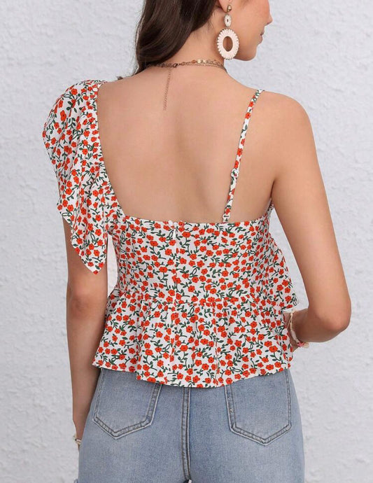 Ditsy Floral Print Asymmetrical Neck Ruffle Trim Peplum Blouse