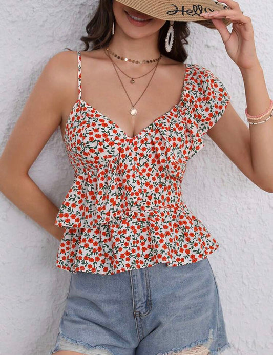 Ditsy Floral Print Asymmetrical Neck Ruffle Trim Peplum Blouse