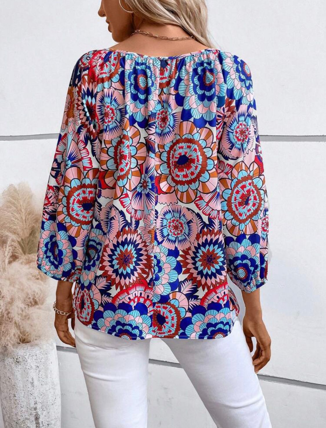 Mandala Print Tie Neck Lantern Sleeve Blouse
