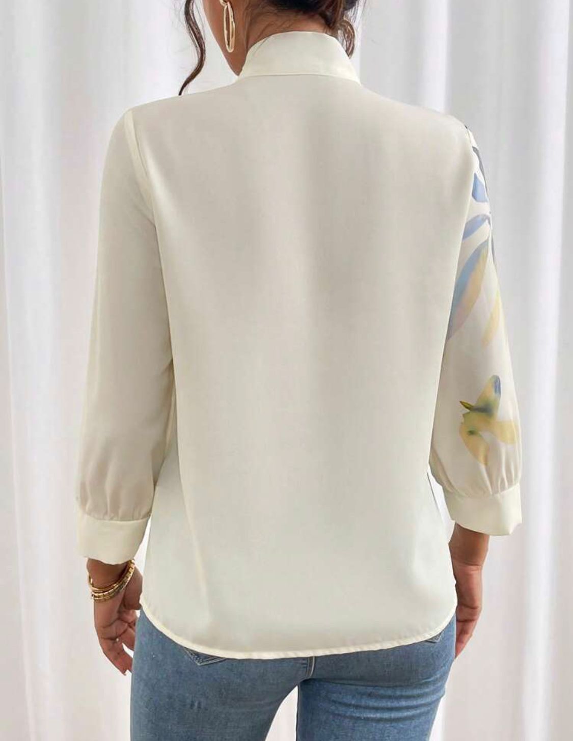 Plants Print Tie Neck Blouse