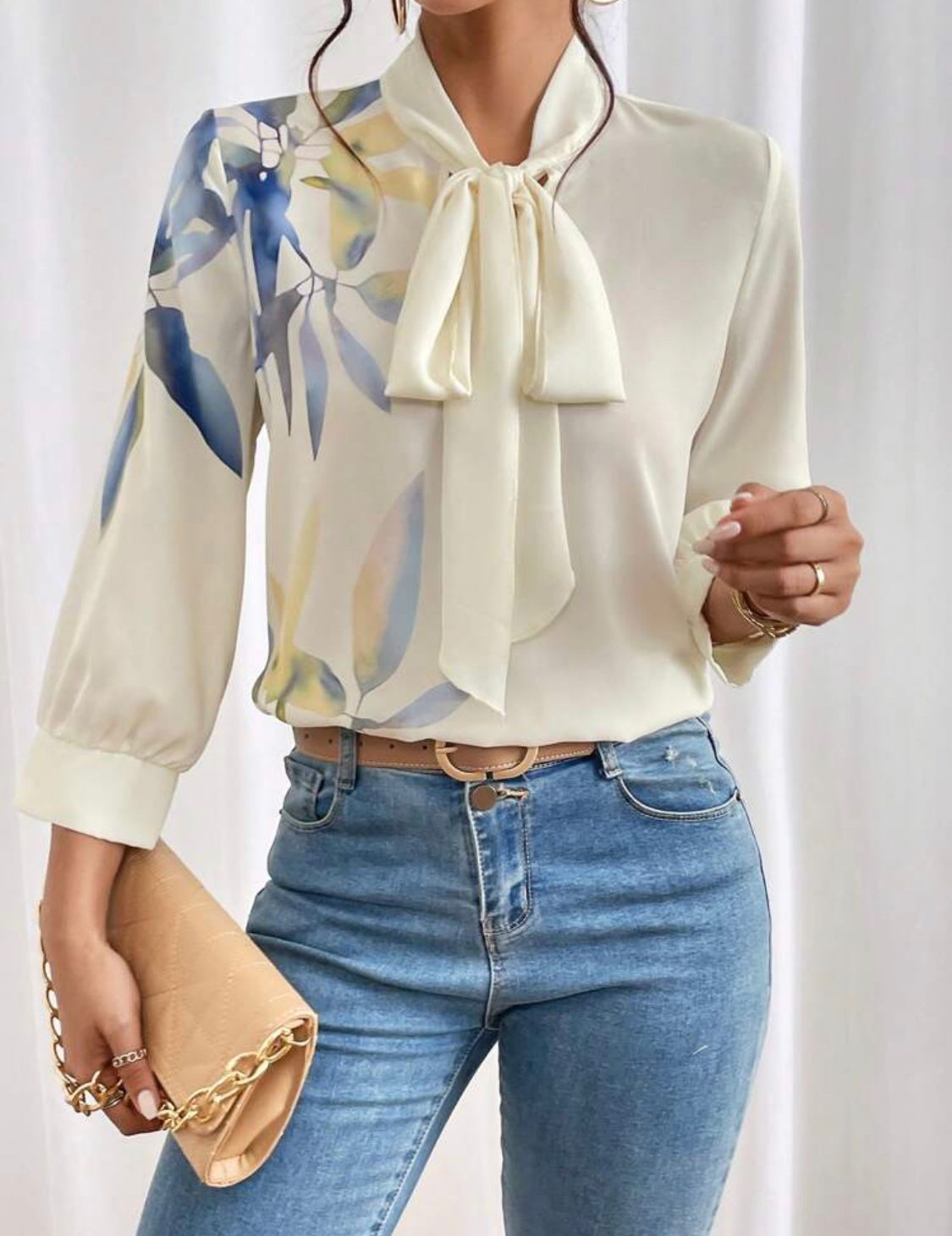 Plants Print Tie Neck Blouse