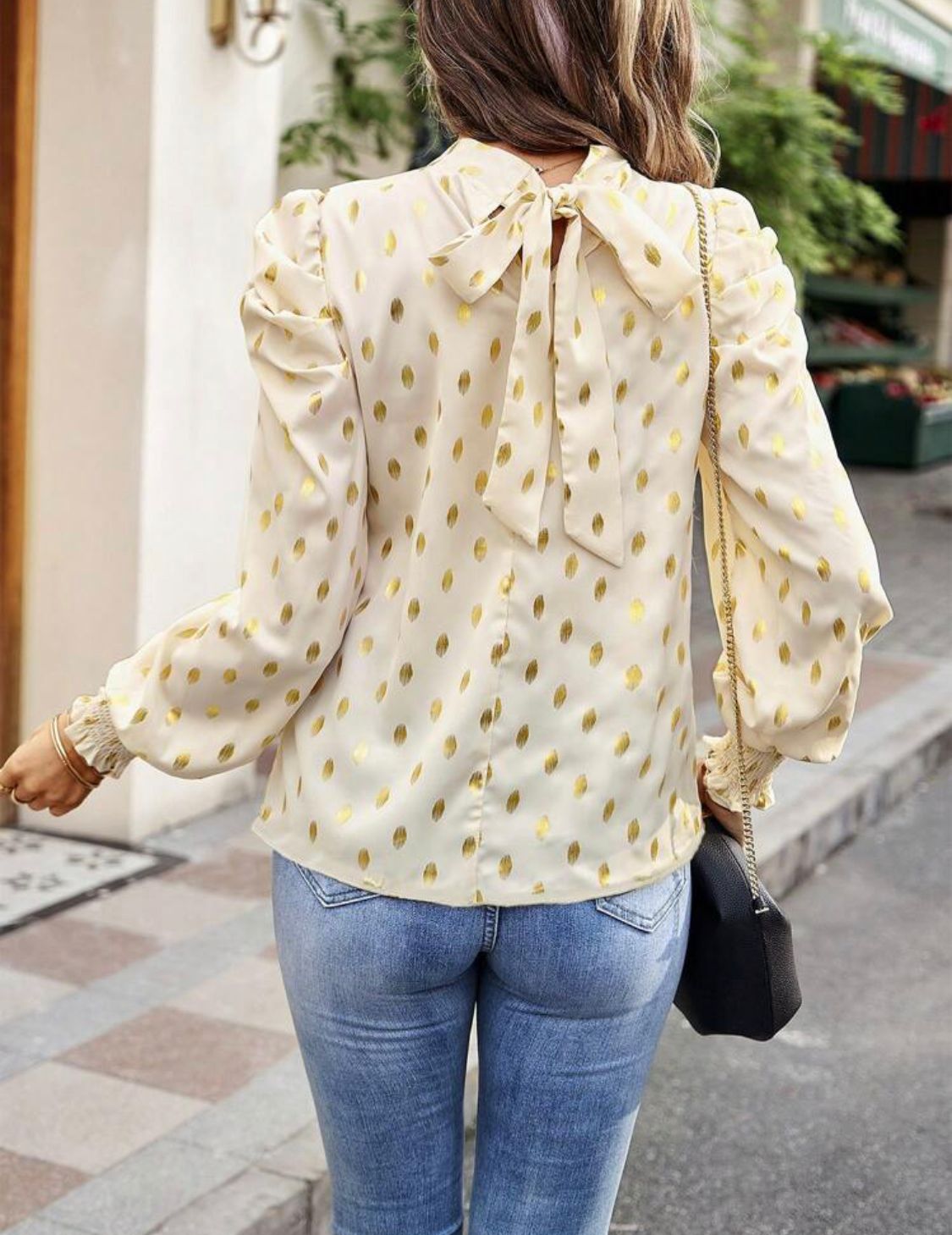 Gold Dot Print Mock Neck Puff Sleeve Blouse