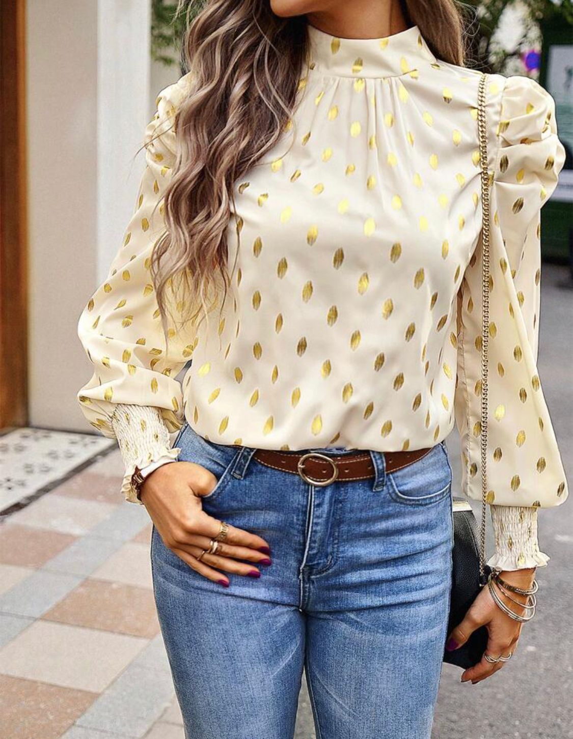 Gold Dot Print Mock Neck Puff Sleeve Blouse