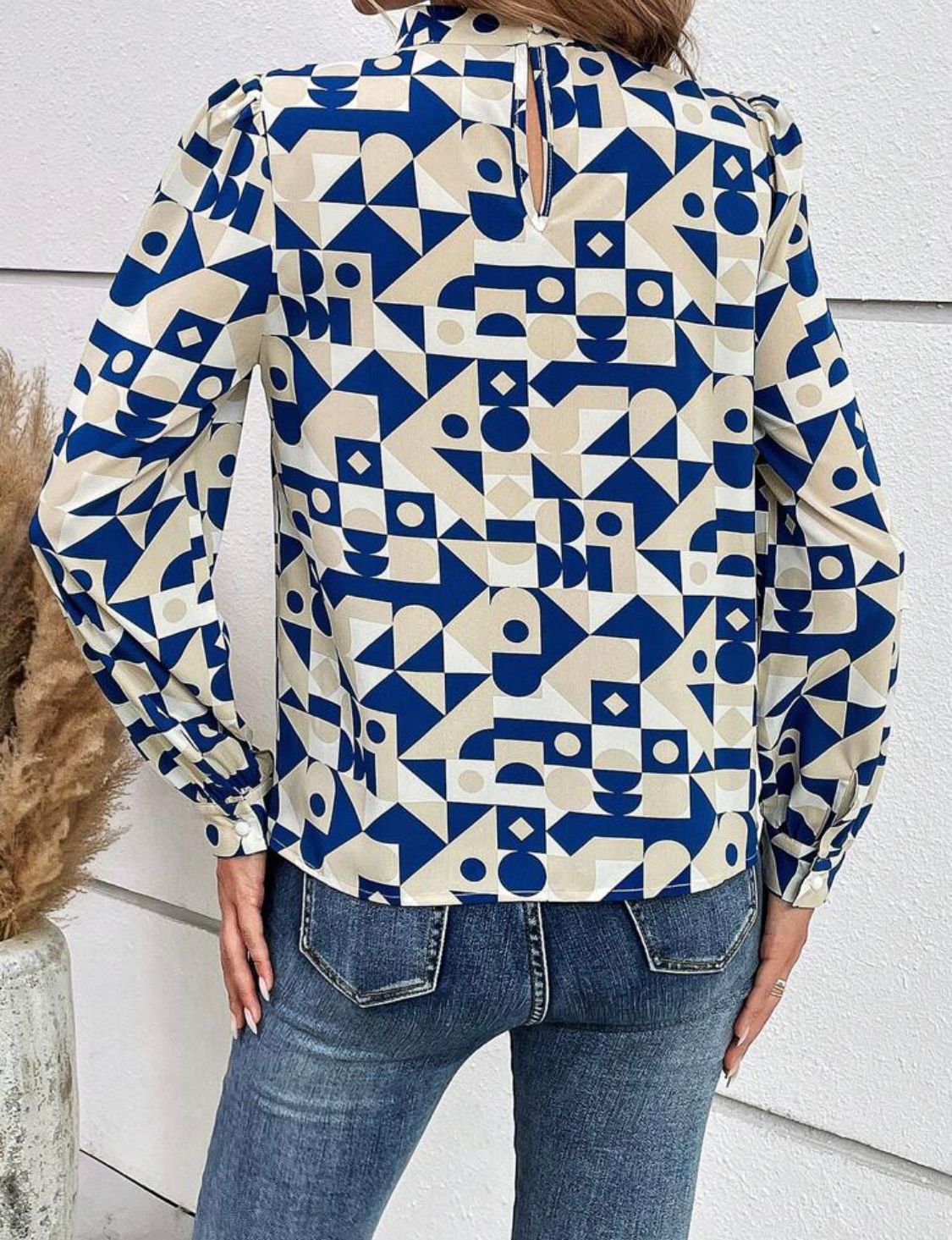 Geo Print Mock Neck Blouse