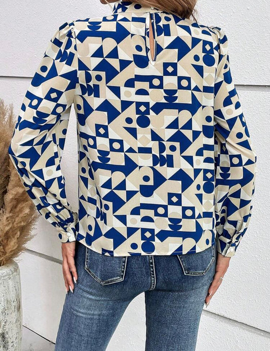 Geo Print Mock Neck Blouse