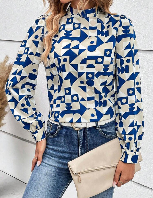 Geo Print Mock Neck Blouse