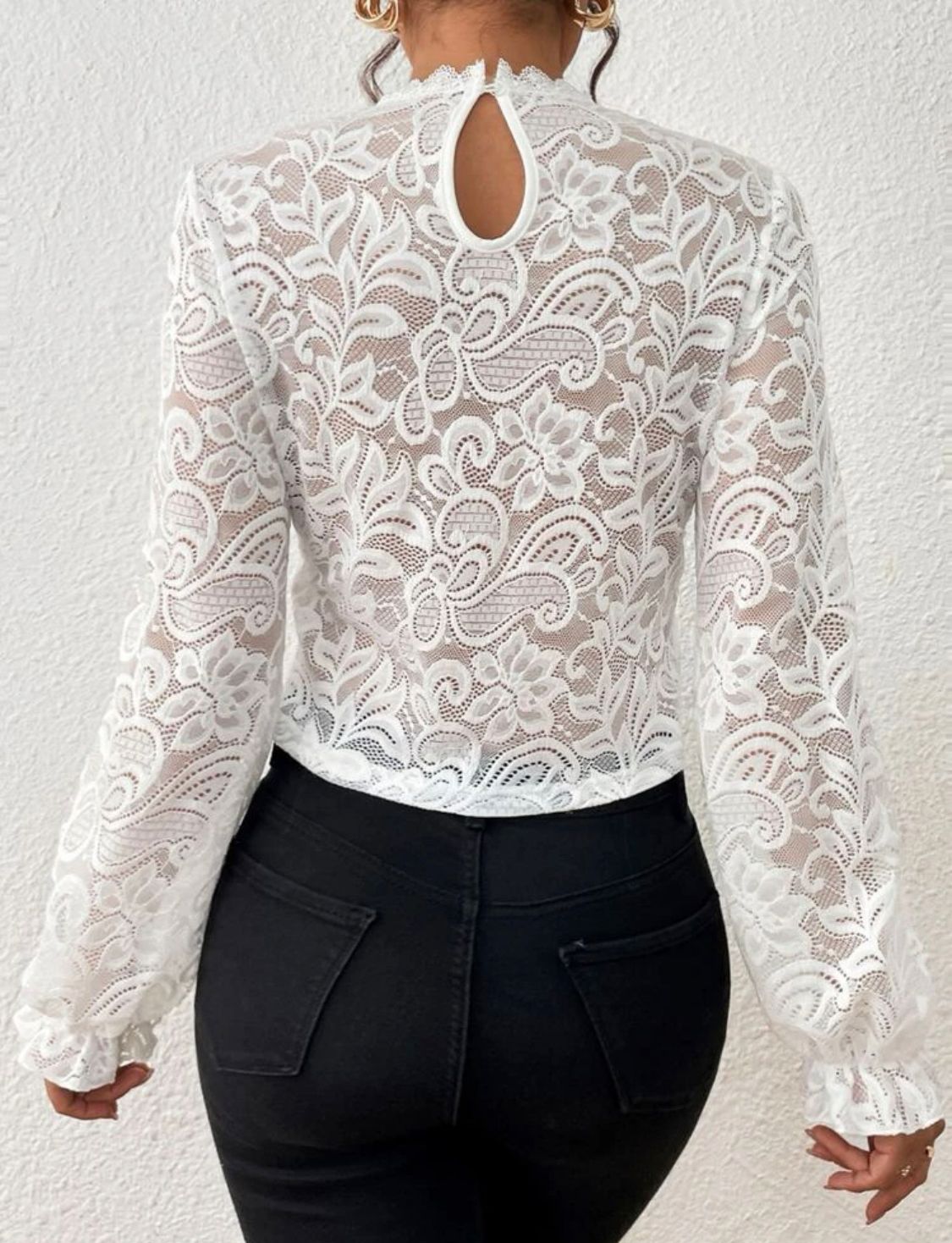 Guipure Lace Insert Flounce Sleeve Mock Neck Blouse
