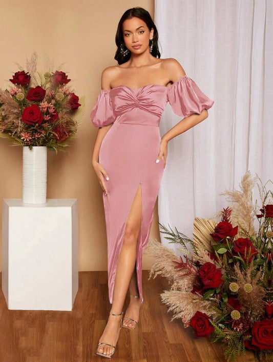 Off Shoulder Puff Sleeve Twist Bust Split Thigh Satin Bridesmaid Dress