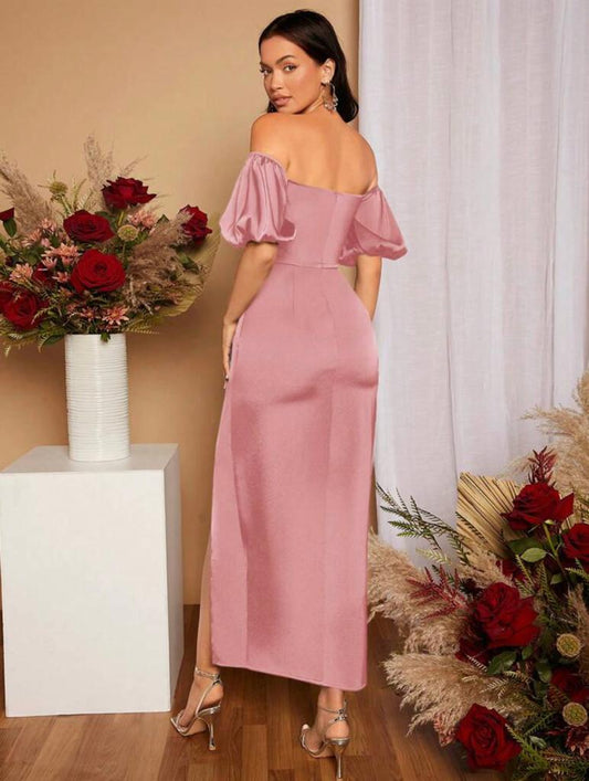 Off Shoulder Puff Sleeve Twist Bust Split Thigh Satin Bridesmaid Dress