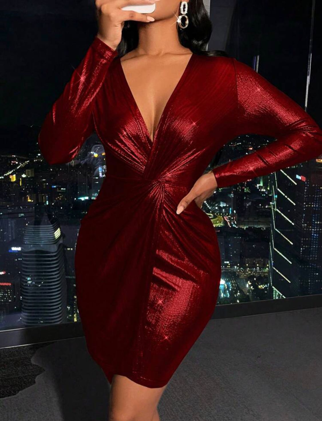 Twist Front Plunging Neck Bodycon Dress