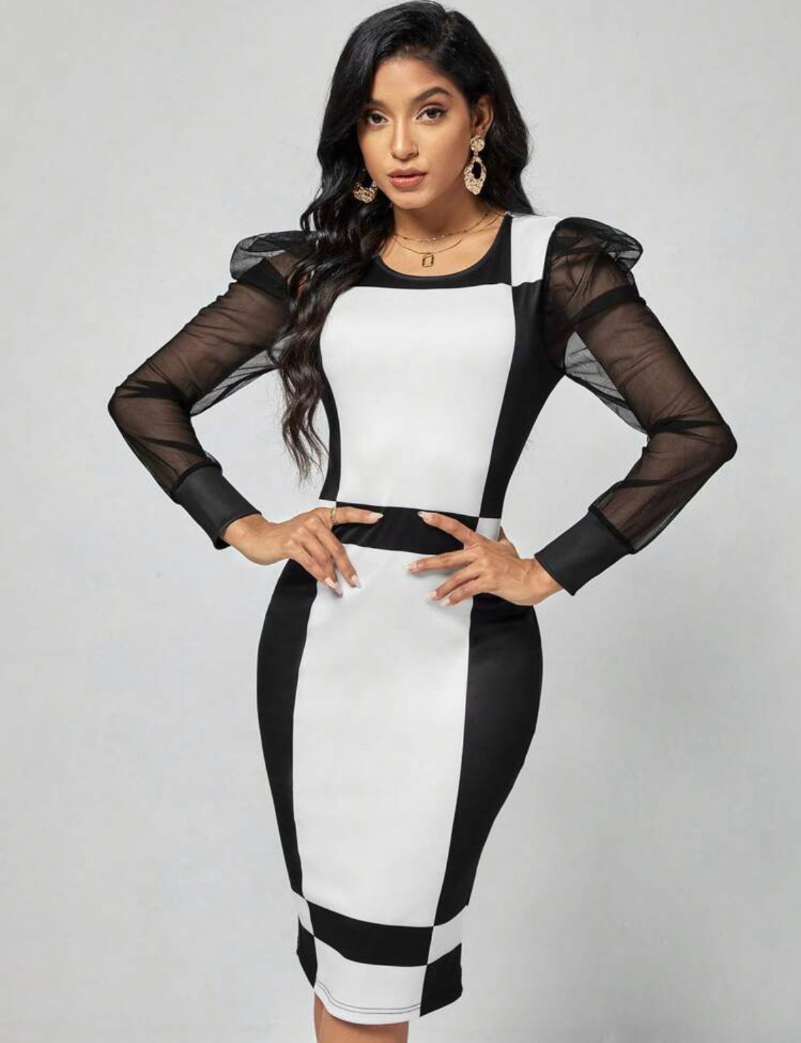 Colorblock Contrast Mesh Gigot Sleeve Bodycon Dress