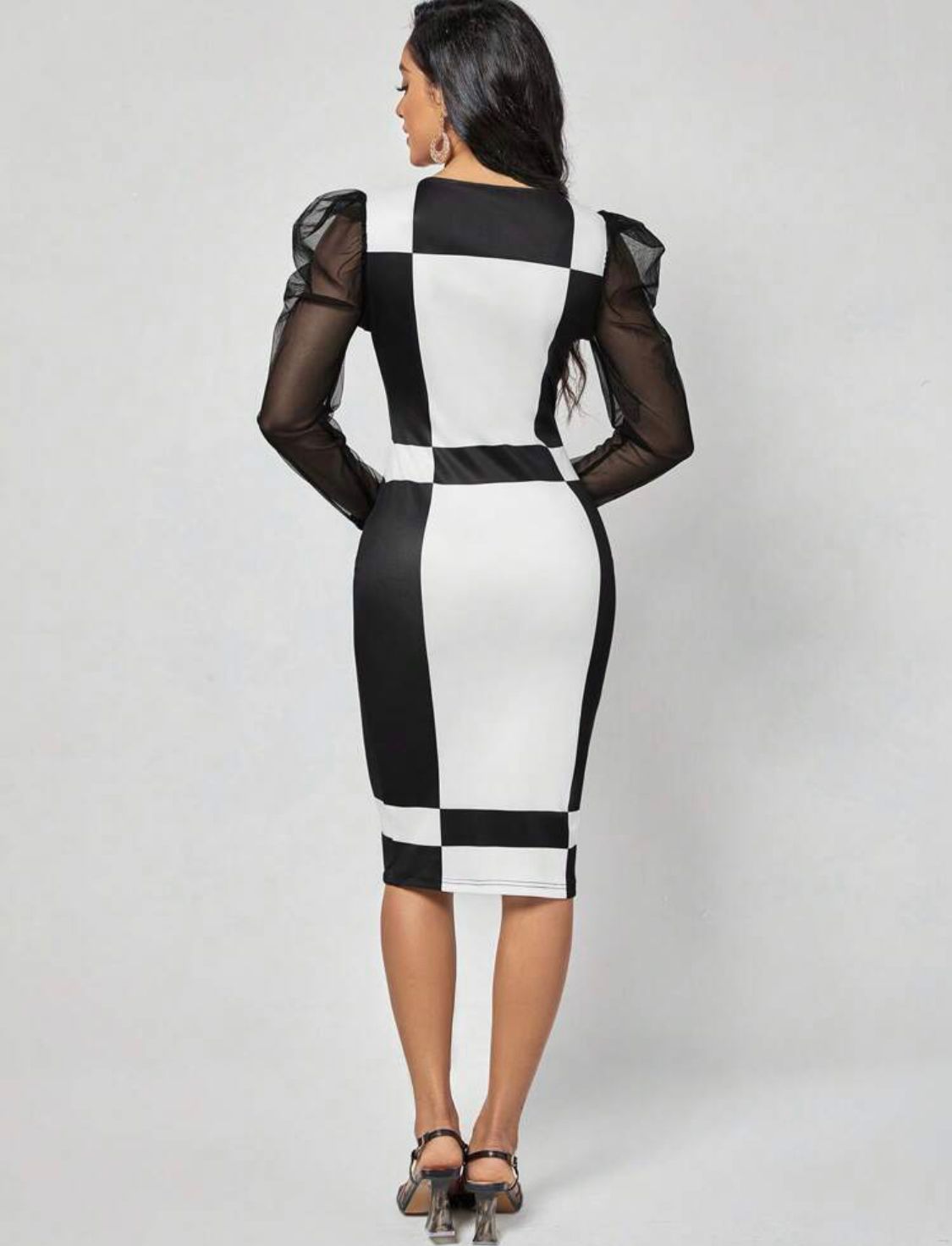 Colorblock Contrast Mesh Gigot Sleeve Bodycon Dress