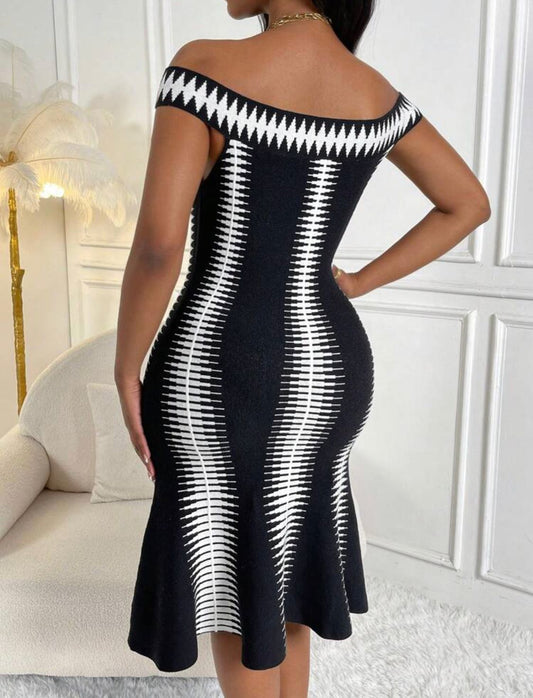 Geo Print Off Shoulder Sweater Dress