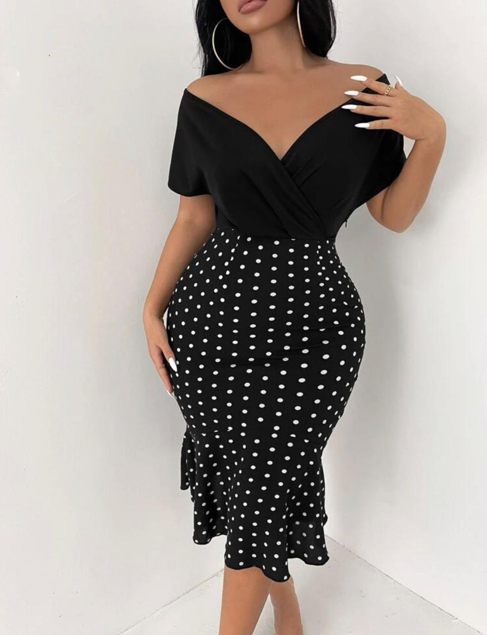 Polka Dot Off Shoulder Batwing Sleeve Mermaid Hem Dress
