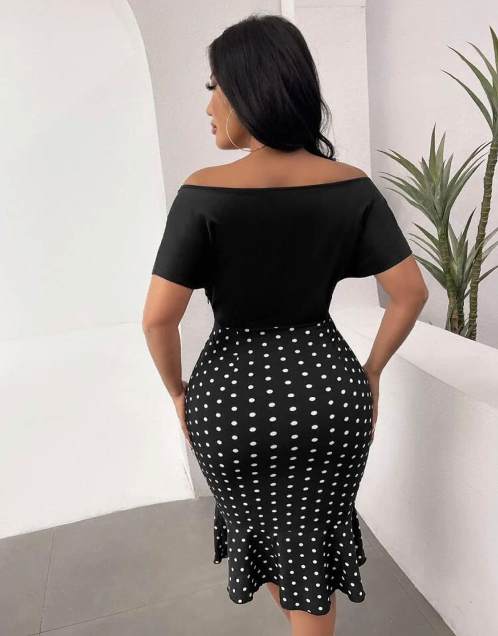 Polka Dot Off Shoulder Batwing Sleeve Mermaid Hem Dress