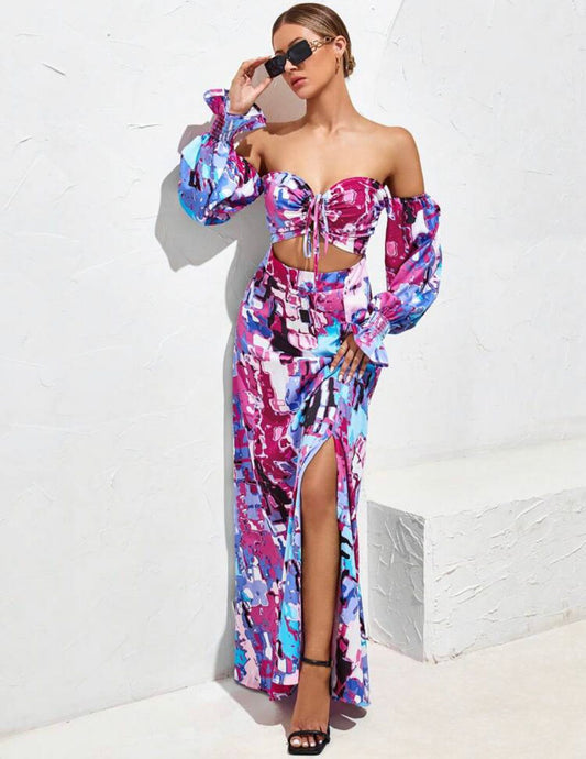 Off Shoulder Flounce Sleeve Knot Front Split Thigh Dress
