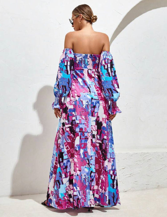Off Shoulder Flounce Sleeve Knot Front Split Thigh Dress