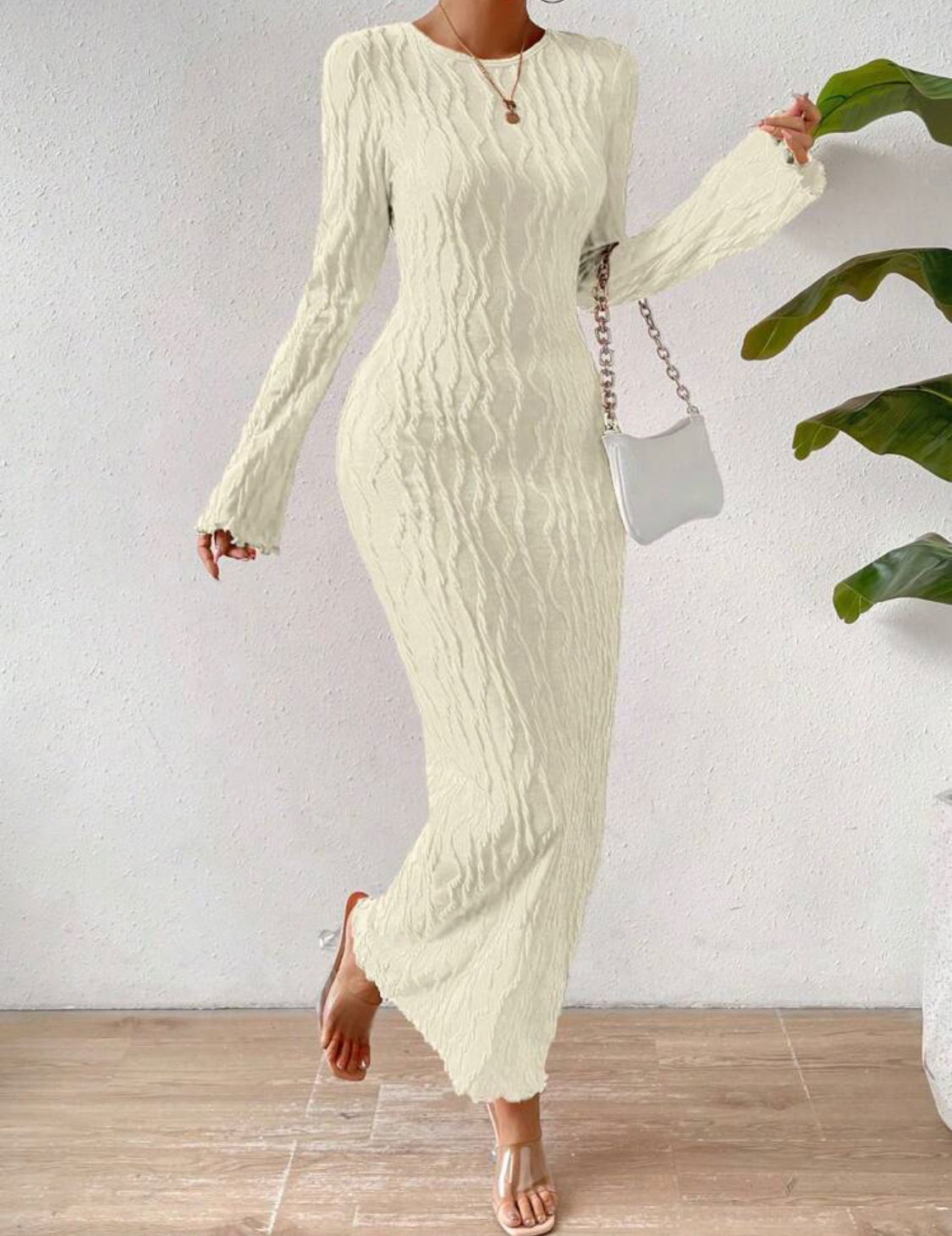 Solid Flare Sleeve Lettuce Hem Bodycon Dress